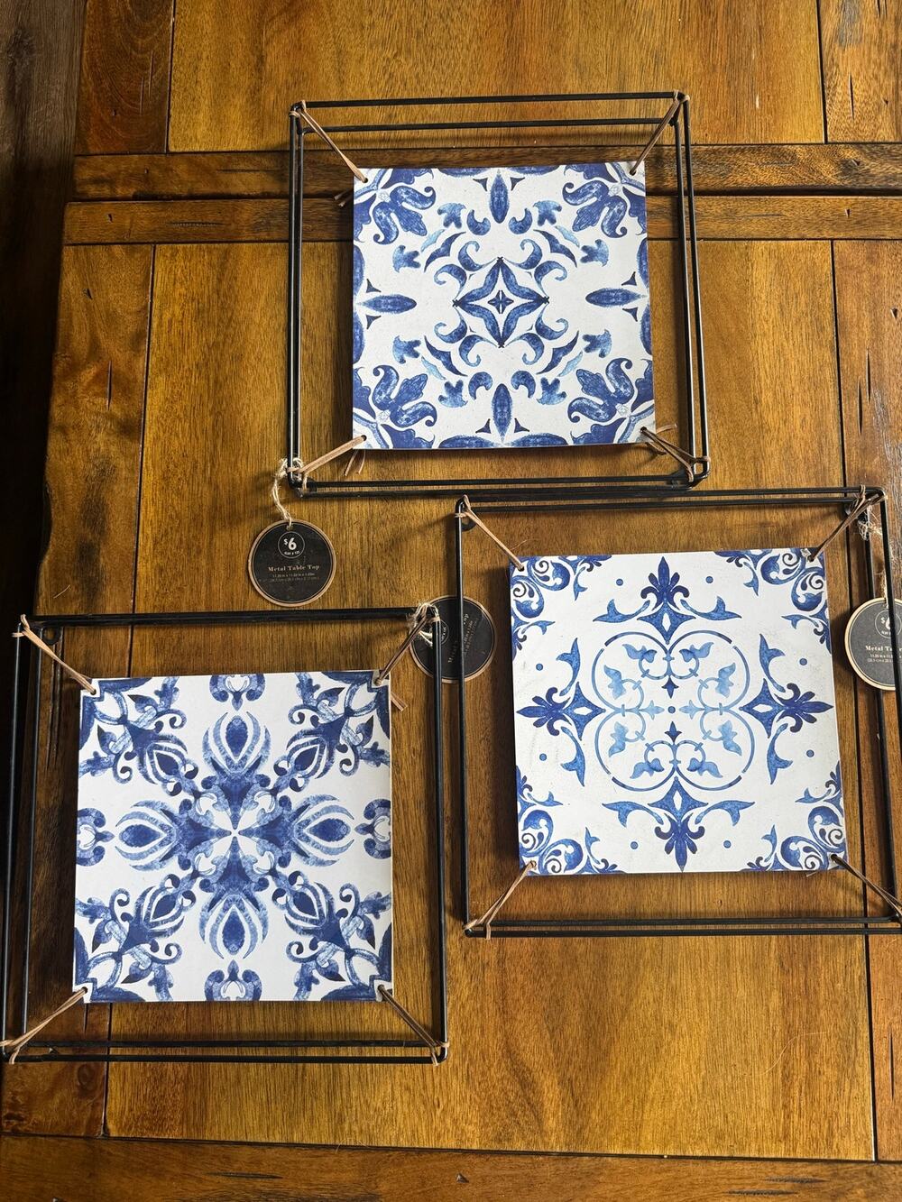 NWT Set of 3 Blue White Tile Print Metal Tabletop Trays Wall Decor 11.25”